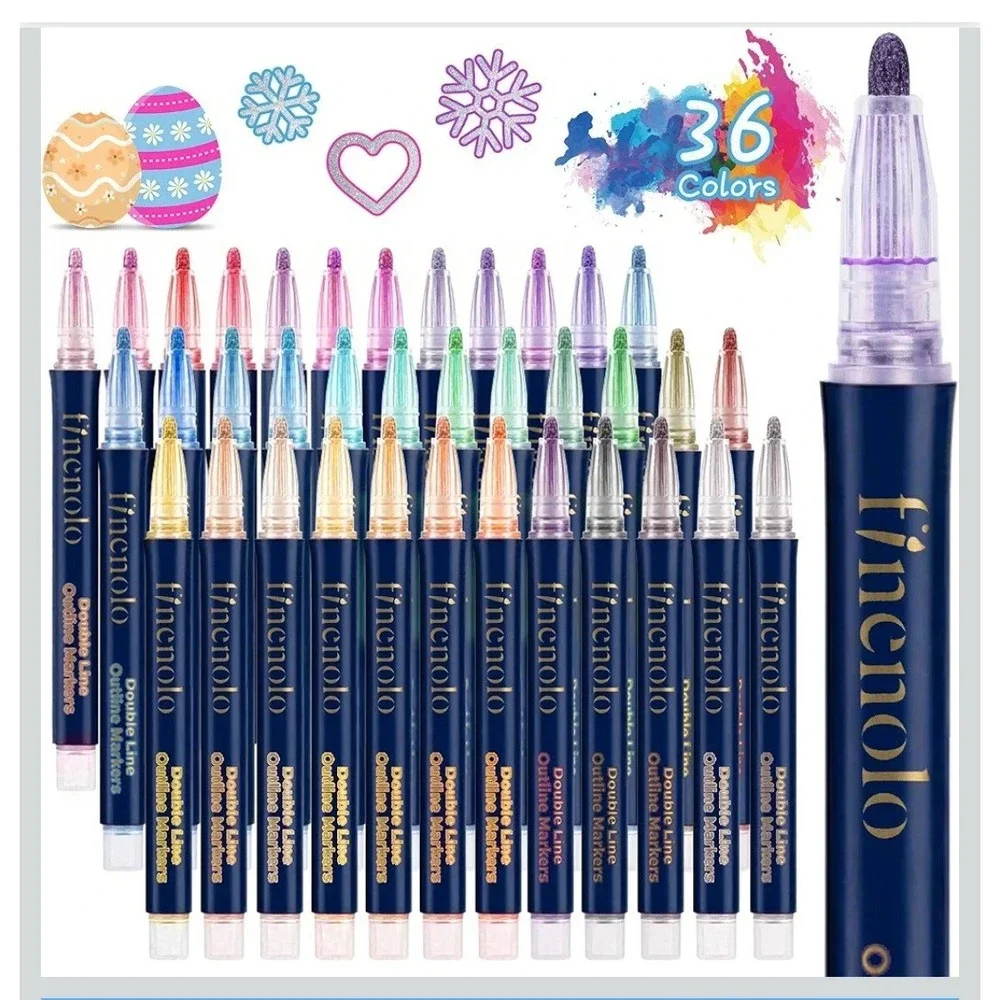 Finenolo 36 Colors Double Line Outline Markers Shimmer Metallic Silver Pens Set
